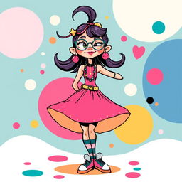 A playful and artistic illustration of a stylized female figure with exaggerated, cartoonish features, emphasizing a vibrant and colorful design