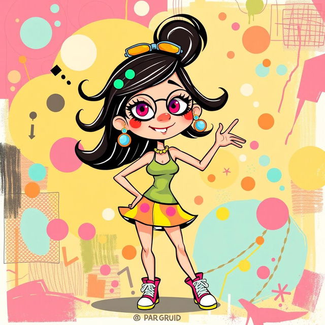 A playful and artistic illustration of a stylized female figure with exaggerated, cartoonish features, emphasizing a vibrant and colorful design