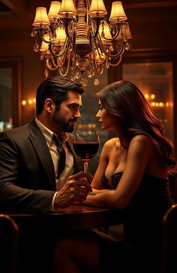A sultry mafia romance scene set in a dimly lit, luxurious Italian restaurant