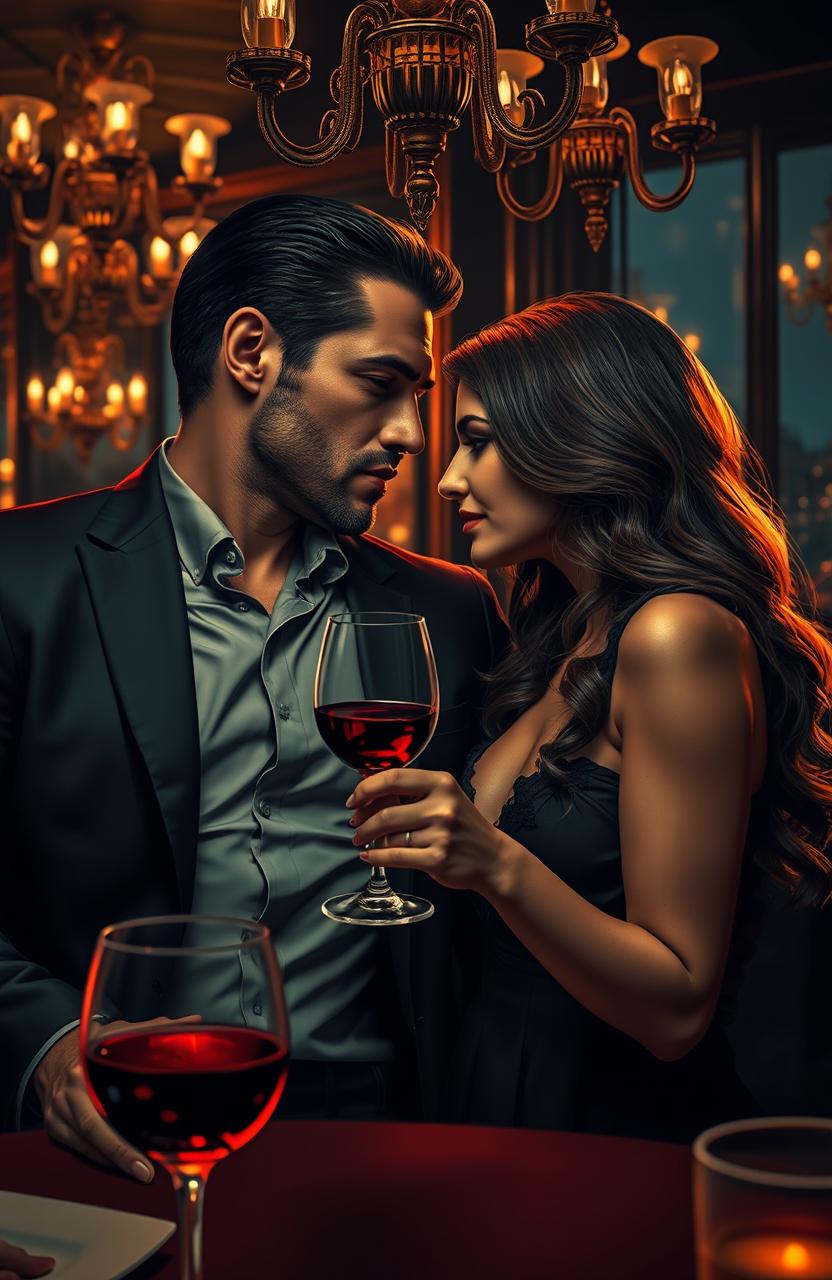 A sultry mafia romance scene set in a dimly lit, luxurious Italian restaurant