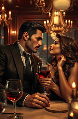 A sultry mafia romance scene set in a dimly lit, luxurious Italian restaurant