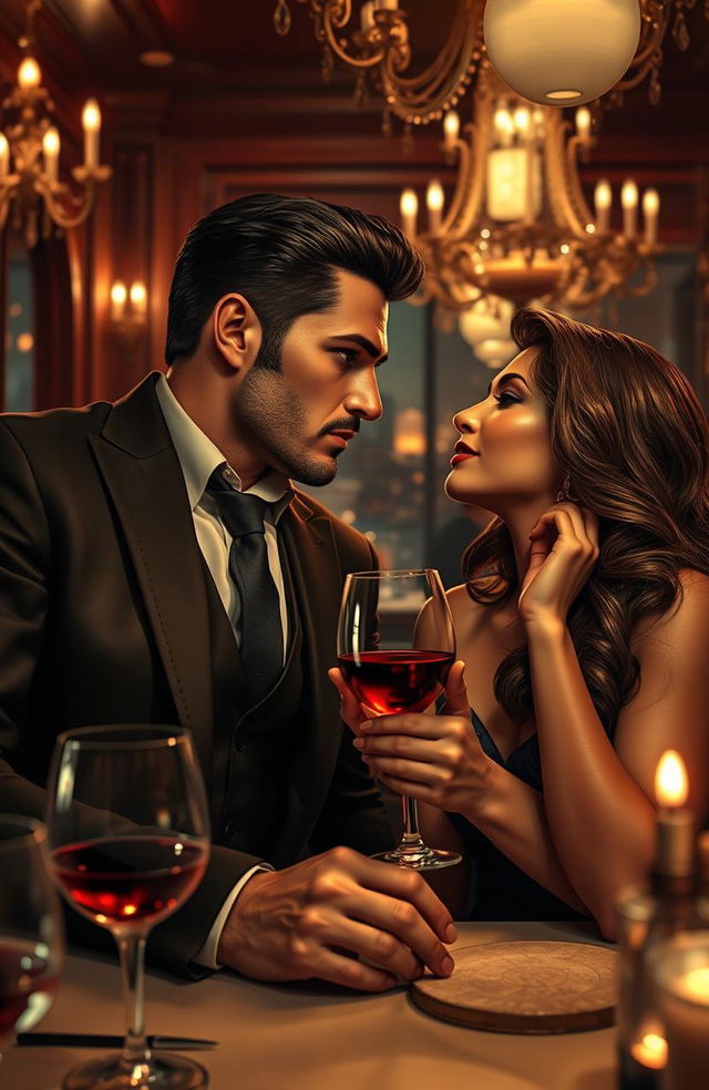 A sultry mafia romance scene set in a dimly lit, luxurious Italian restaurant