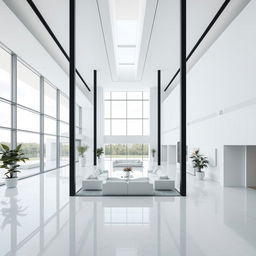 Modern architectural design featuring expansive spaces that are characterized by a minimalistic approach, where the predominant color is white