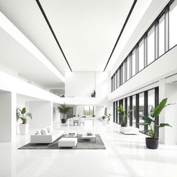 Modern architectural design featuring expansive spaces that are characterized by a minimalistic approach, where the predominant color is white