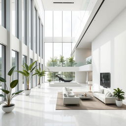 Modern architectural design featuring expansive spaces that are characterized by a minimalistic approach, where the predominant color is white