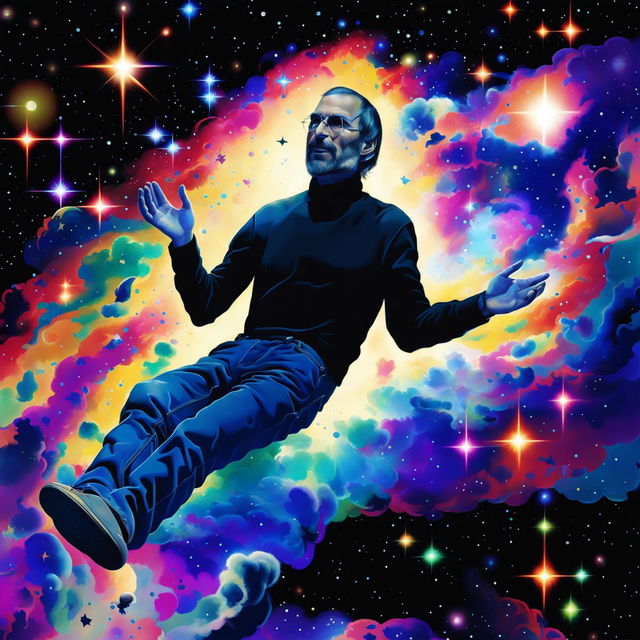 A high-quality, surrealistic digital art image depicting Steve Jobs in a cosmic landscape, radiating a godlike aura