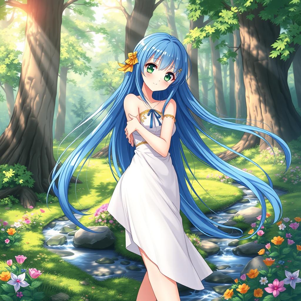 A beautifully illustrated anime girl, aged 18, with long flowing blue hair and vibrant green eyes, standing confidently in a serene forest setting