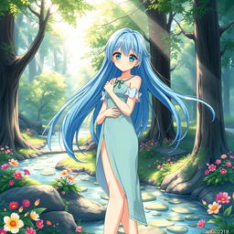 A beautifully illustrated anime girl, aged 18, with long flowing blue hair and vibrant green eyes, standing confidently in a serene forest setting