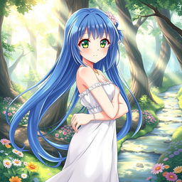 A beautifully illustrated anime girl, aged 18, with long flowing blue hair and vibrant green eyes, standing confidently in a serene forest setting