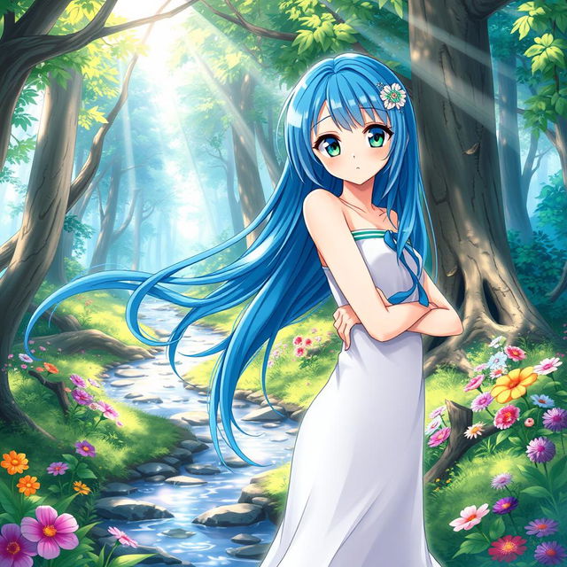 A beautifully illustrated anime girl, aged 18, with long flowing blue hair and vibrant green eyes, standing confidently in a serene forest setting