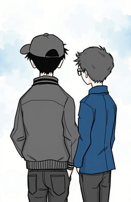 A coming-of-age romance scene featuring two boys with their backs to the viewer