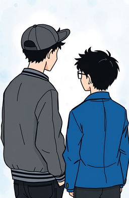 A coming-of-age romance scene featuring two boys with their backs to the viewer