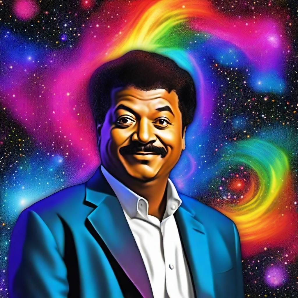 An amusing digital art piece featuring renowned astrophysicist Neil DeGrasse Tyson floating in the cosmos, his eyes wide with wonder and a whimsical grin on his face