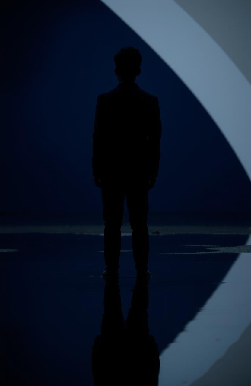 A striking silhouette of a 17-year-old, positioned with their back facing us, standing in a reflective puddle of water