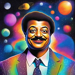 An amusing digital art piece featuring renowned astrophysicist Neil DeGrasse Tyson floating in the cosmos, his eyes wide with wonder and a whimsical grin on his face