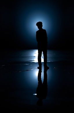 A striking silhouette of a 17-year-old, positioned with their back facing us, standing in a reflective puddle of water