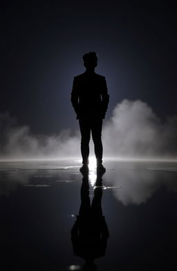 A striking silhouette of a 17-year-old, positioned with their back facing us, standing in a reflective puddle of water