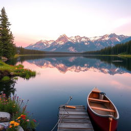A stunning landscape featuring a serene mountain lake at sunrise, surrounded by lush evergreen trees and colorful wildflowers