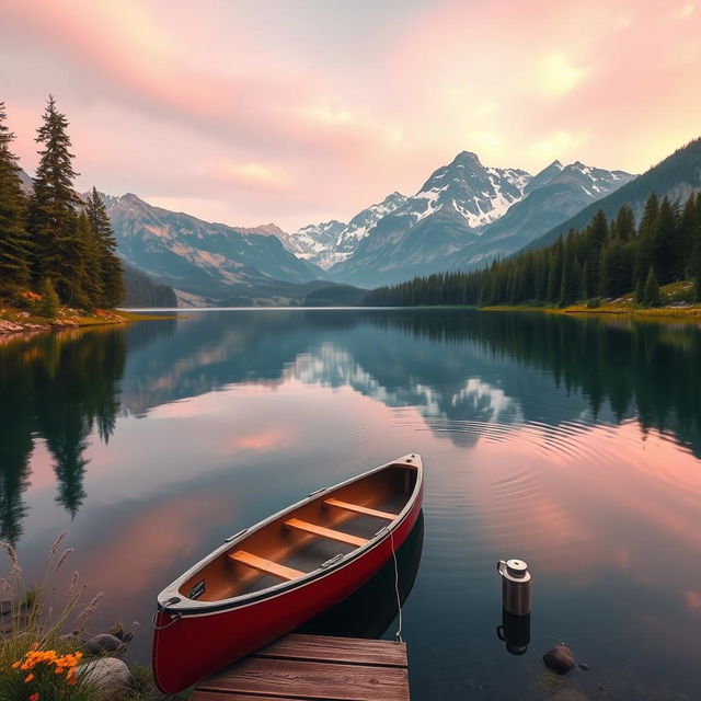 A stunning landscape featuring a serene mountain lake at sunrise, surrounded by lush evergreen trees and colorful wildflowers