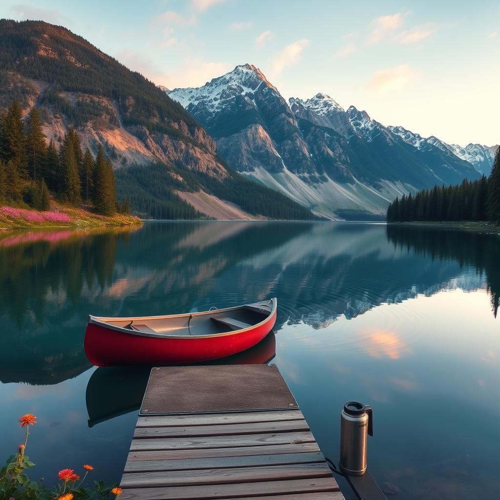 A stunning landscape featuring a serene mountain lake at sunrise, surrounded by lush evergreen trees and colorful wildflowers