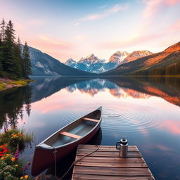 A stunning landscape featuring a serene mountain lake at sunrise, surrounded by lush evergreen trees and colorful wildflowers