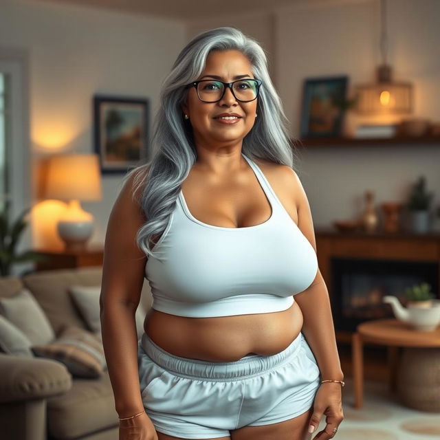 A realistic depiction of a 60-year-old Latin housewife with a plus-size, pear-shaped body