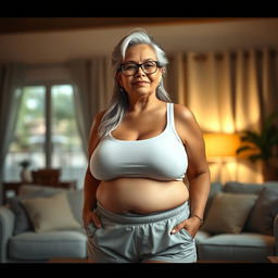 A realistic depiction of a 60-year-old Latin housewife with a plus-size, pear-shaped body