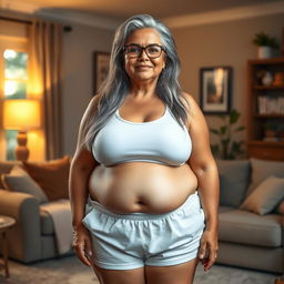 A realistic depiction of a 60-year-old Latin housewife with a plus-size, pear-shaped body