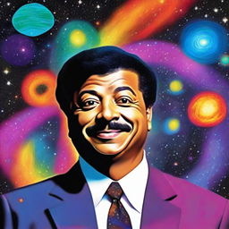 An amusing digital art piece featuring renowned astrophysicist Neil DeGrasse Tyson floating in the cosmos, his eyes wide with wonder and a whimsical grin on his face