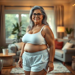 A realistic depiction of a 60-year-old Latin housewife with a plus-size, pear-shaped body