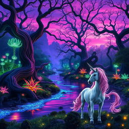 A fantasy landscape depicting a mystical forest during twilight, with vibrant bioluminescent plants illuminating the scene