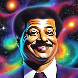 An amusing digital art piece featuring renowned astrophysicist Neil DeGrasse Tyson floating in the cosmos, his eyes wide with wonder and a whimsical grin on his face