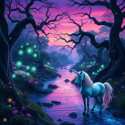 A fantasy landscape depicting a mystical forest during twilight, with vibrant bioluminescent plants illuminating the scene