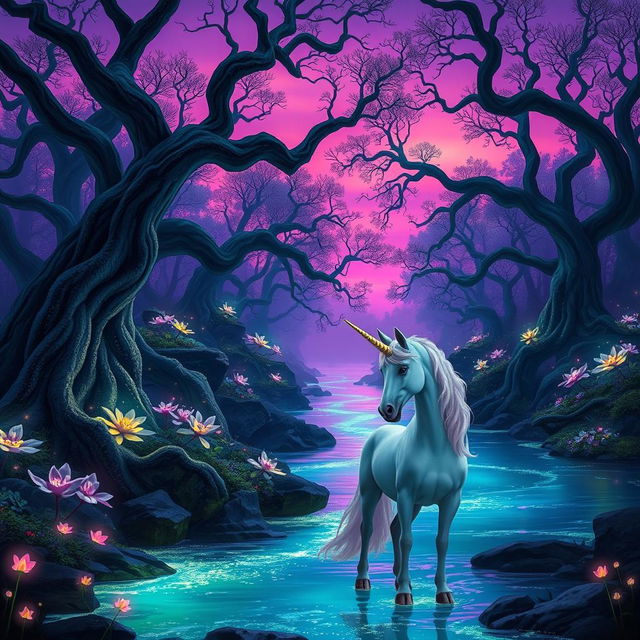 A fantasy landscape depicting a mystical forest during twilight, with vibrant bioluminescent plants illuminating the scene