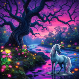 A fantasy landscape depicting a mystical forest during twilight, with vibrant bioluminescent plants illuminating the scene