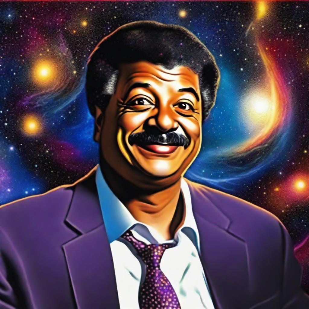 A revised digital art piece featuring Neil DeGrasse Tyson in the cosmos, now with an even more ecstatic expression