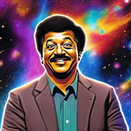 A revised digital art piece featuring Neil DeGrasse Tyson in the cosmos, now with an even more ecstatic expression