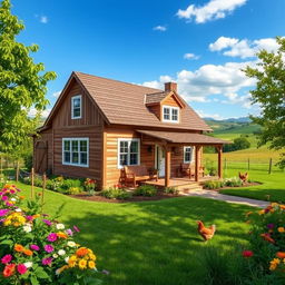 A charming 2-bedroom farmhouse set in a picturesque rural landscape, surrounded by lush greenery, colorful flowers, and a clear blue sky
