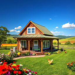 A charming 2-bedroom farmhouse set in a picturesque rural landscape, surrounded by lush greenery, colorful flowers, and a clear blue sky
