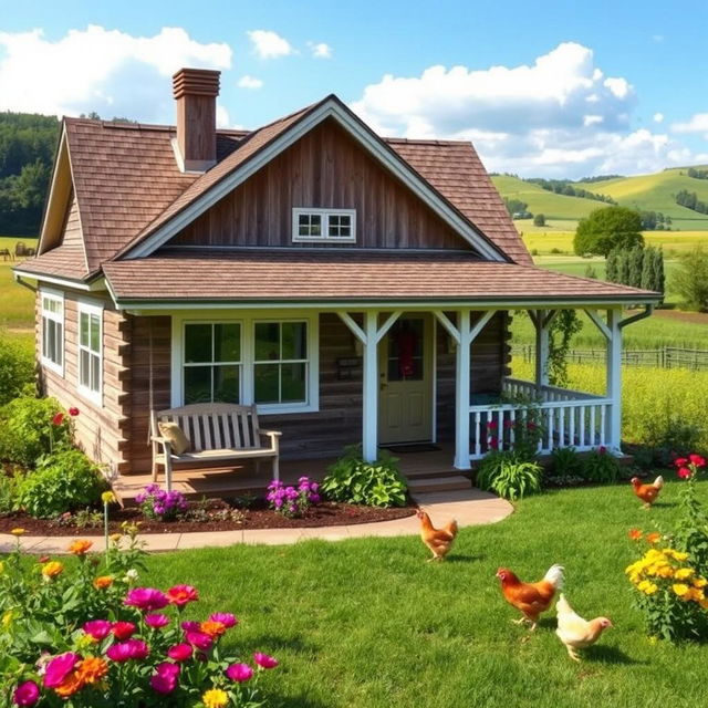 A charming 2-bedroom farmhouse set in a picturesque rural landscape, surrounded by lush greenery, colorful flowers, and a clear blue sky