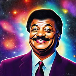 A revised digital art piece featuring Neil DeGrasse Tyson in the cosmos, now with an even more ecstatic expression