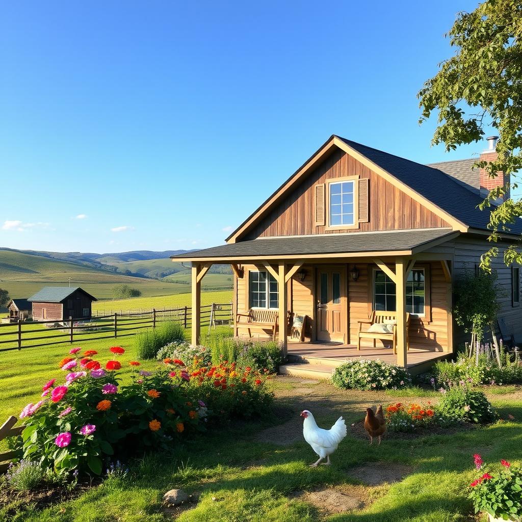 A charming 2-bedroom farmhouse set in a picturesque rural landscape, surrounded by lush greenery, colorful flowers, and a clear blue sky