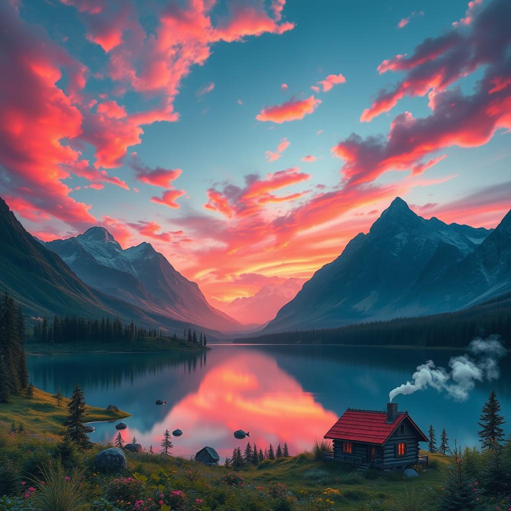 A fantasy mountain landscape at sunset, with vibrant pink and orange skies blending with the dark blue of the mountains