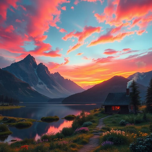 A fantasy mountain landscape at sunset, with vibrant pink and orange skies blending with the dark blue of the mountains