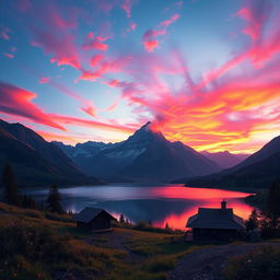 A fantasy mountain landscape at sunset, with vibrant pink and orange skies blending with the dark blue of the mountains