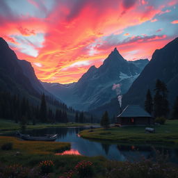 A fantasy mountain landscape at sunset, with vibrant pink and orange skies blending with the dark blue of the mountains