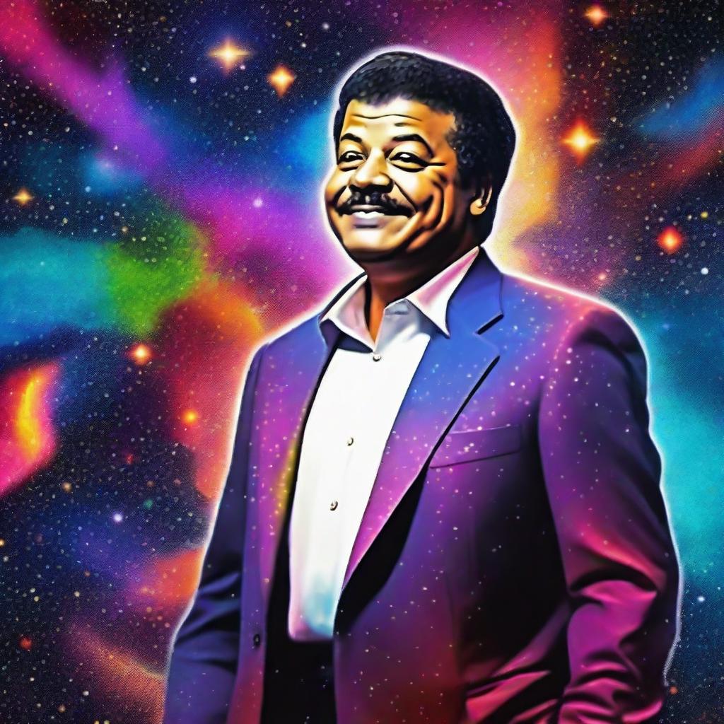 A modified digital art piece where astrophysicist Neil DeGrasse Tyson is seen floating even higher in the cosmos