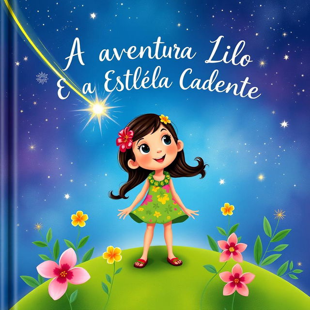 A whimsical and enchanting book cover for 'A Aventura de Lilo e a Estrela Cadente'