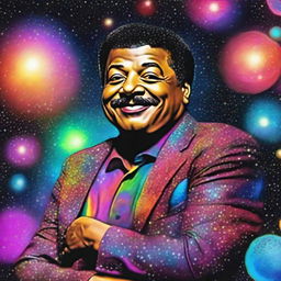 A modified digital art piece where astrophysicist Neil DeGrasse Tyson is seen floating even higher in the cosmos