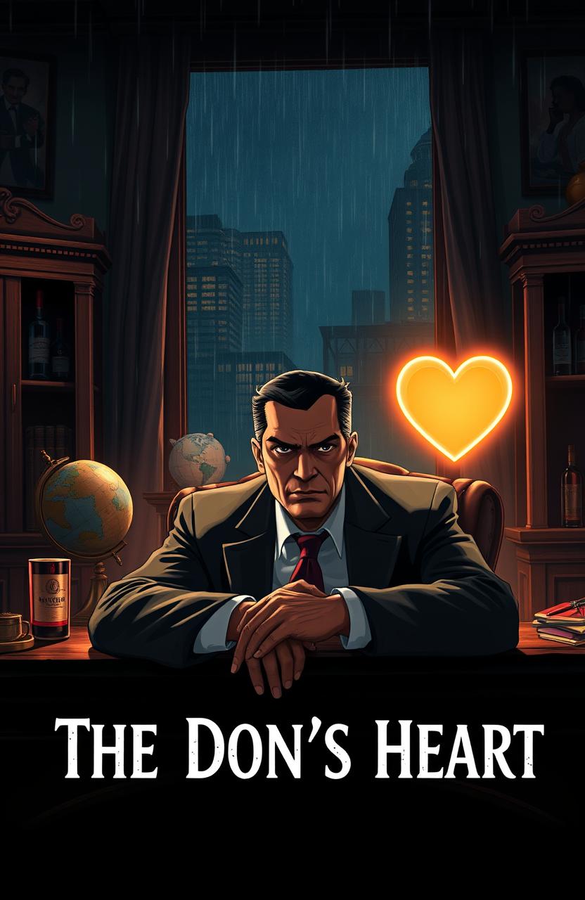 A dramatic and cinematic illustration of "The Don's Heart", featuring a strong, charismatic mob boss sitting at a lavish oak desk in a dimly lit office